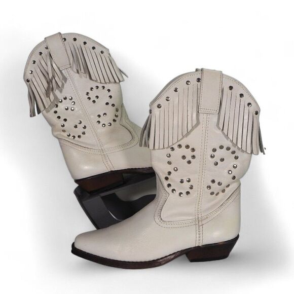 Unbranded Vintage Fringe Studded Western Cowboy Boots White Women's 6/36 - Picture 1 of 11
